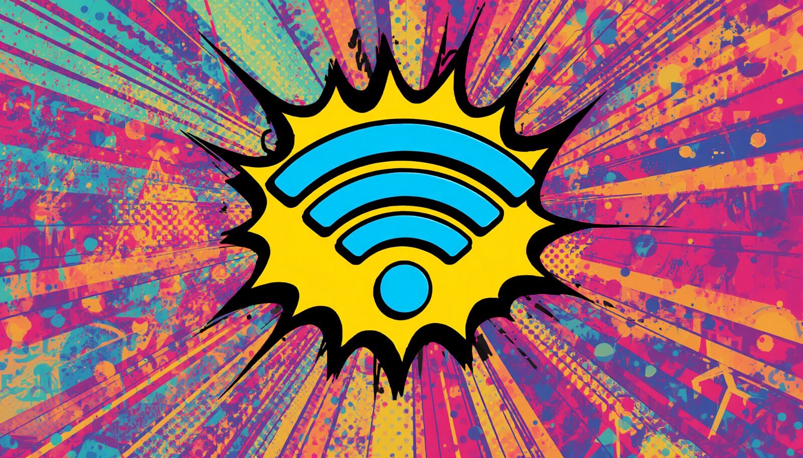 Hacking of WiFi Password: How Ethical Hackers Test Wireless Security 1 Pop art WiFi burst graphic for wireless network security and secure WiFi password protection.