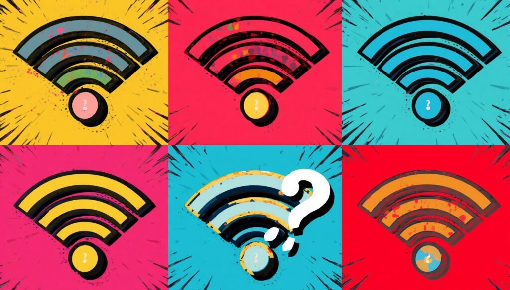 Hacking of WiFi Password: How Ethical Hackers Test Wireless Security 5 Pop art WiFi collage with question marks about wireless network security and protect WiFi password.
