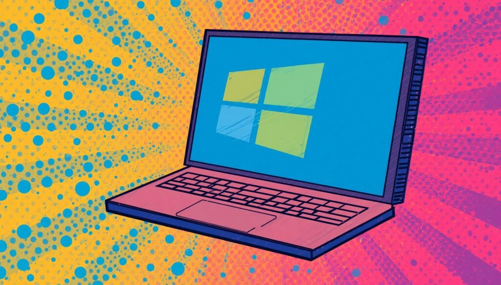 Windows VM on Linux pop art laptop illustration for running Windows apps on Linux.