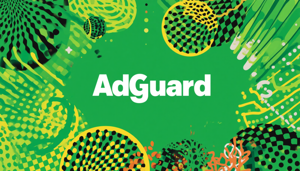 AdGuard DNS for router abstract green banner with AdGuard logo and organic shapes.