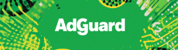 AdGuard DNS for router abstract green banner with AdGuard logo and organic shapes.