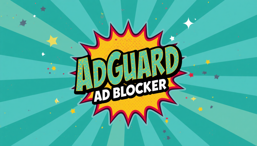 AdGuard Ad Blocker pop art banner review graphic.