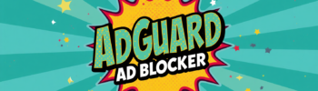 AdGuard Ad Blocker pop art banner review graphic.