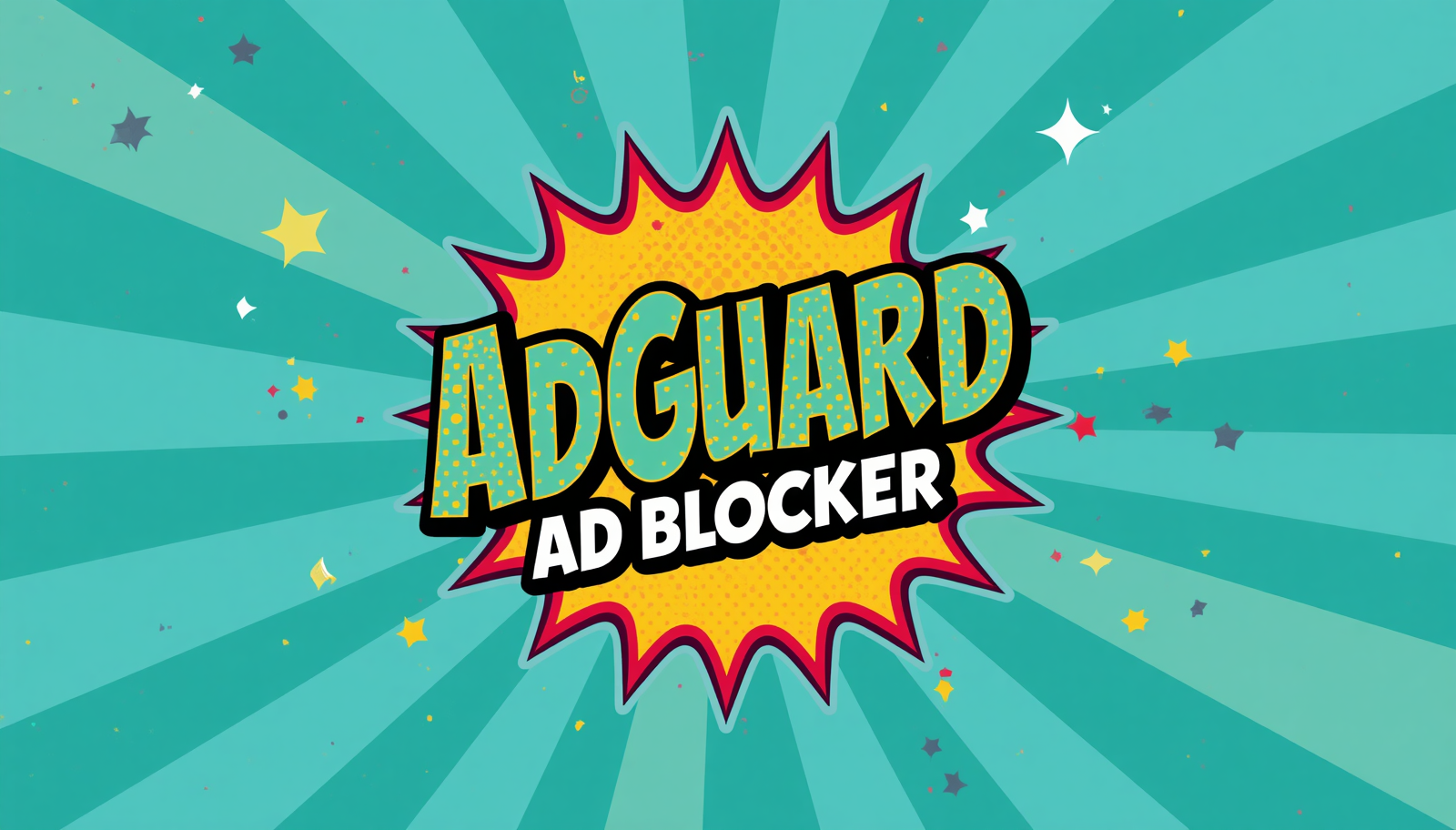 AdGuard Ad Blocker pop art banner review graphic.