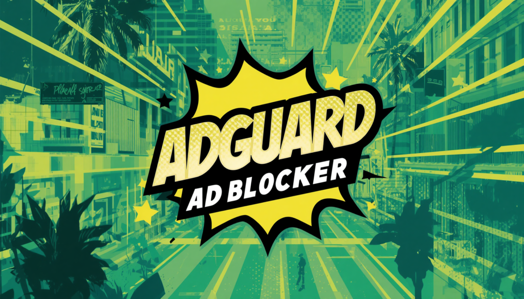 AdGuard Ad Blocker review poster in pop-art city style.