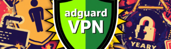 AdGuard VPN shield collage showing secure subscription, privacy protection, and online encryption.