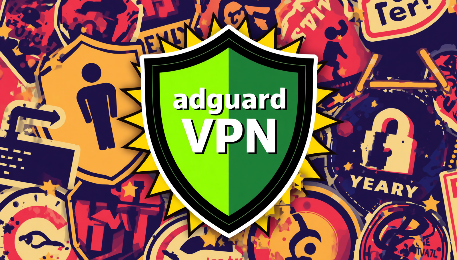 AdGuard VPN shield collage showing secure subscription, privacy protection, and online encryption.
