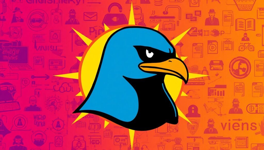 Bird of prey logo with Wireshark display filters cheat sheet tech background.