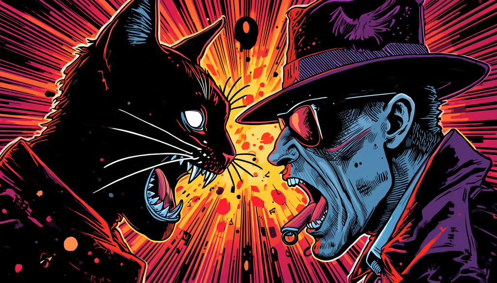 Dictionary Attack vs Brute Force: 7 Passwords Tested 3 Black cat and man face off, dictionary attack vs brute force pop art illustration.