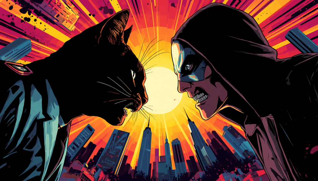 Hashcat vs John the Ripper faceoff, black cat and masked figure against a city sunburst.
