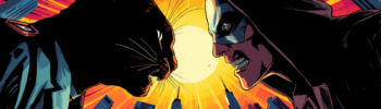 Hashcat vs John the Ripper faceoff, black cat and masked figure against a city sunburst.