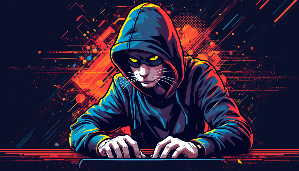 How to Use Hashcat: 7 Powerful Password Audit Steps 2 Cyberpunk hacker cat typing, what is Hashcat, Hashcat attack modes, Hashcat mask.