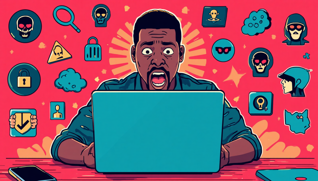 Cybersecurity alert showing laptop user panic during brute force password cracking attack.