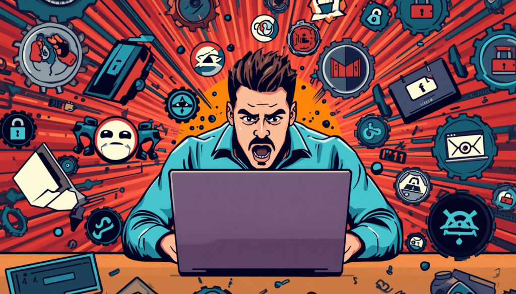 Man panics at laptop during password cracking attack in cyber security, exposing weak passwords.