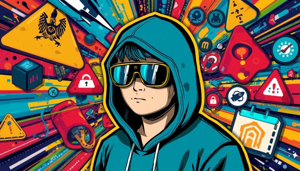 Cybersecurity hooded figure with warning symbols, Wireshark display filters and filter by IP.