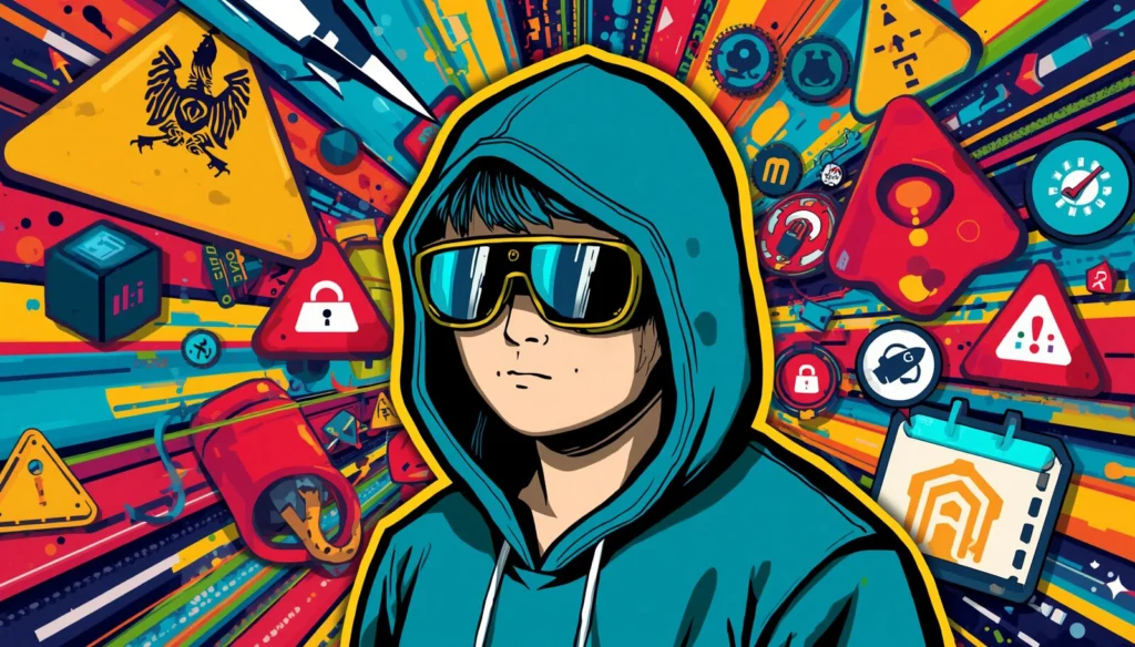 Cybersecurity hooded figure with warning symbols, Wireshark display filters and filter by IP.