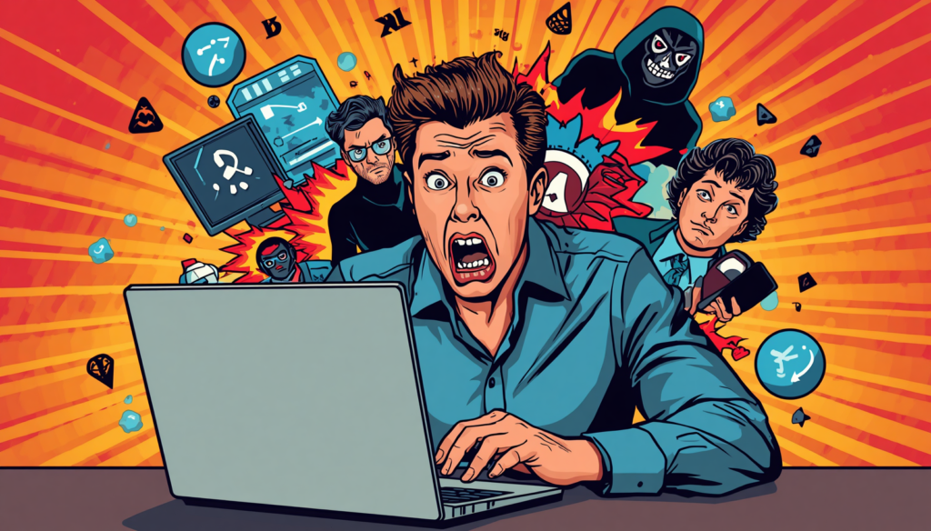 Panicked man at laptop during password cracking attack in cyber security.