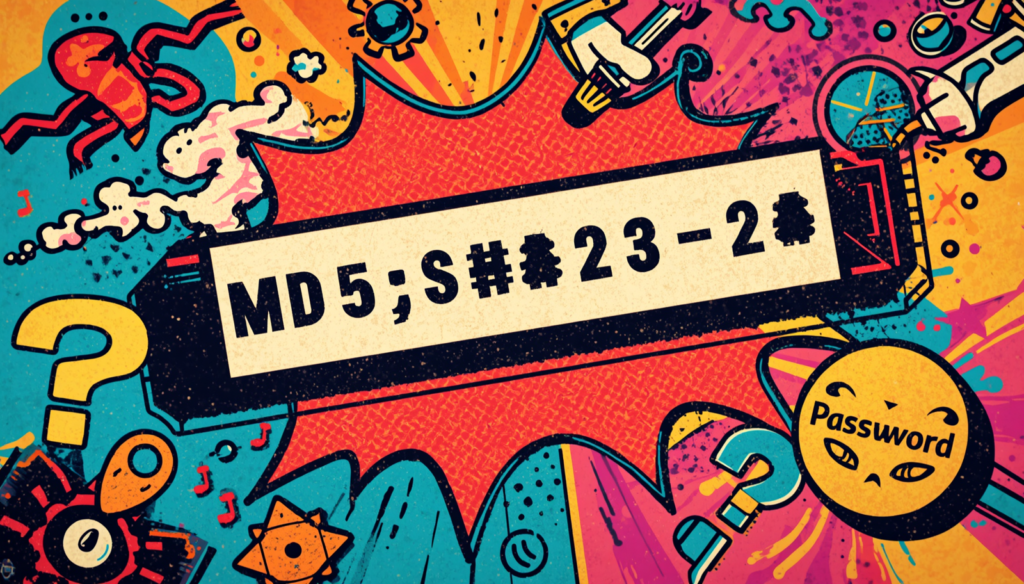 Pop art password hashing illustration with MD5 password hashing, bcrypt vs Argon2, and salted hashes.