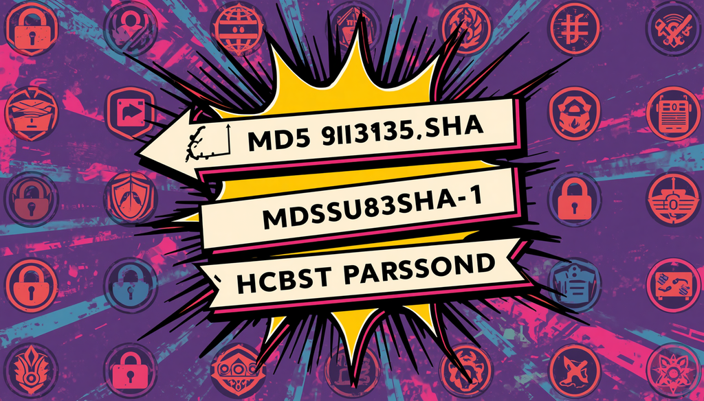 Pop art cybersecurity poster showing MD5 vs SHA-1 password hashing algorithms and secure authentication icons.