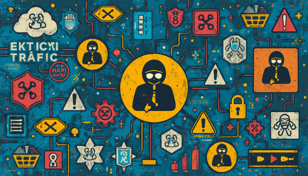 Malicious network traffic analysis illustration with hacker icons, alerts, and connected cybersecurity threats.
