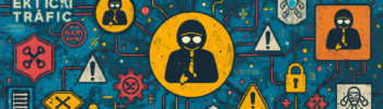 Malicious network traffic analysis illustration with hacker icons, alerts, and connected cybersecurity threats.