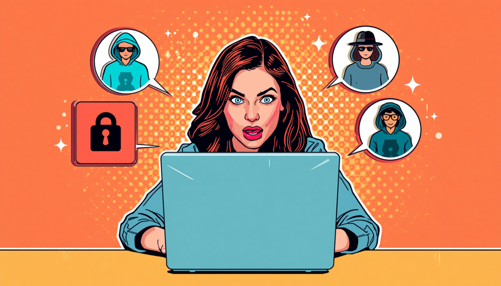 Woman at laptop facing hacker alert about password cracking and cyber security threats.