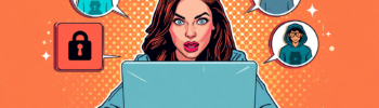 Woman at laptop facing hacker alert about password cracking and cyber security threats.