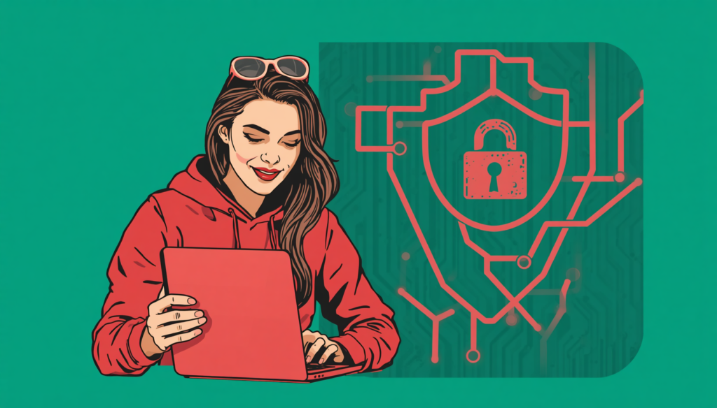 FFUF tutorial illustration of woman using laptop with cybersecurity shield for web fuzzing.
