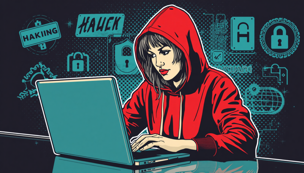 FFUF tutorial illustration of woman hacker in red hoodie using laptop for web fuzzing.