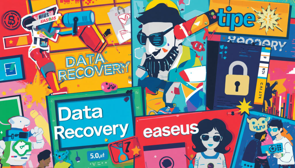 EaseUS Data Recovery Wizard review collage showing cybersecurity, file recovery software, and protected data.