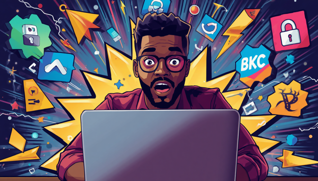Shocked man at laptop amid password cracking and cyber security alerts.