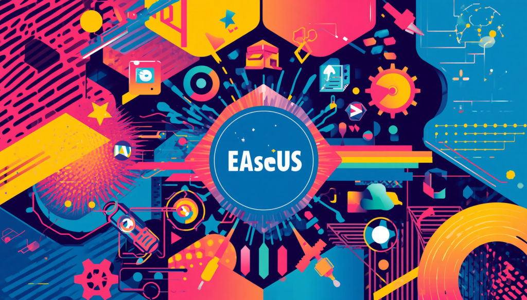 EaseUS Data Recovery Wizard tech innovation collage with colorful abstract software interface graphics.