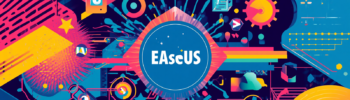EaseUS Data Recovery Wizard tech innovation collage with colorful abstract software interface graphics.