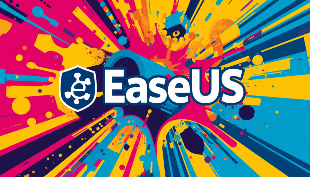 EaseUS Data Recovery Wizard Review colorful brand banner with logo and vibrant abstract background.
