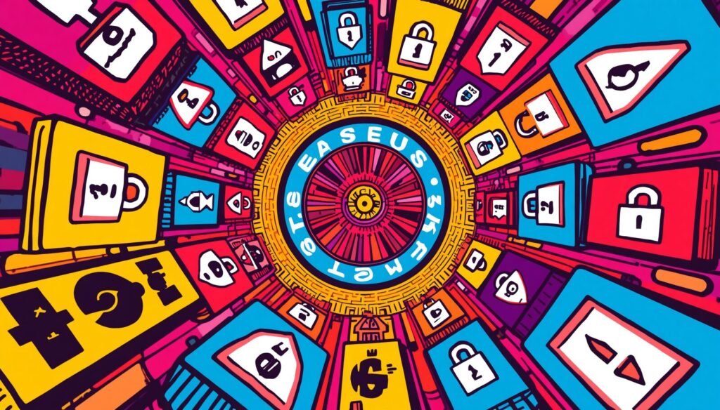EaseUS Todo Backup Review: Is It Really Worth Using? 4 EaseUS Todo Backup free cybersecurity vortex with colorful lock icons and secure access panels.