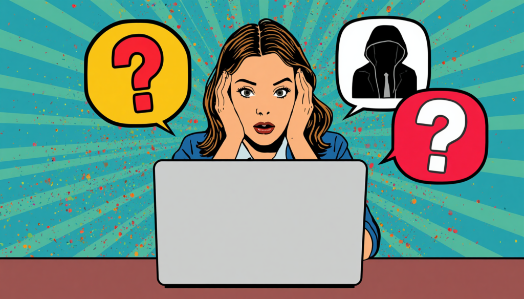 Worried woman at laptop facing password cracking attack and online scam threat.