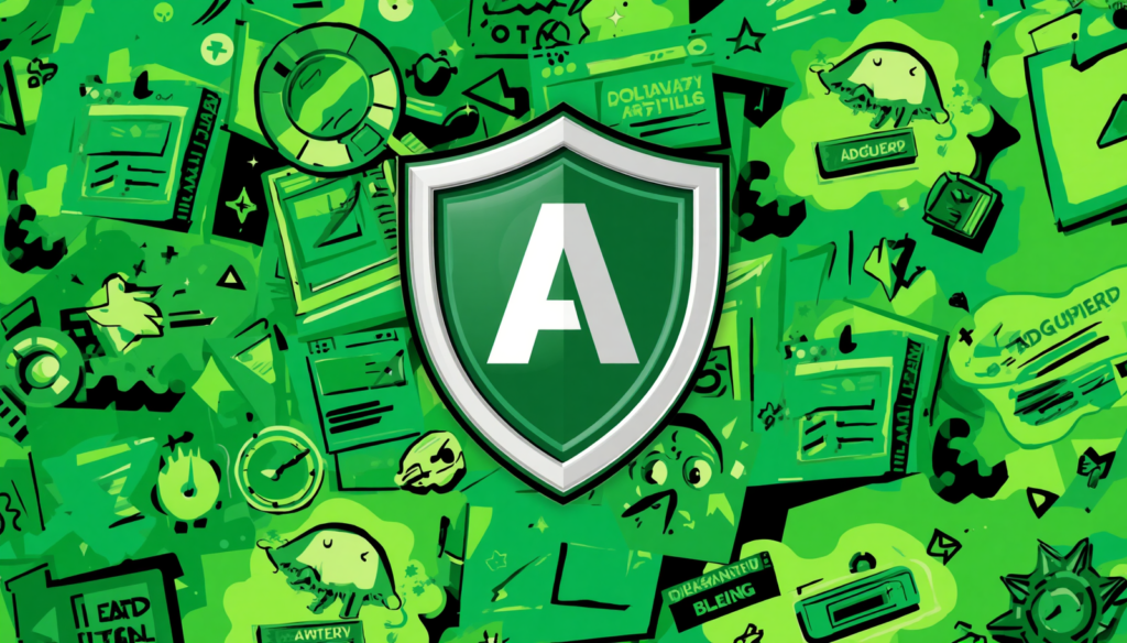 AdGuard Ad Blocker shield graphic in green cybersecurity interface style.