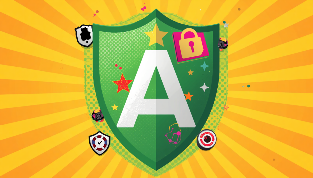 AdGuard VPN security badge with green shield, lock icon, and letter A.