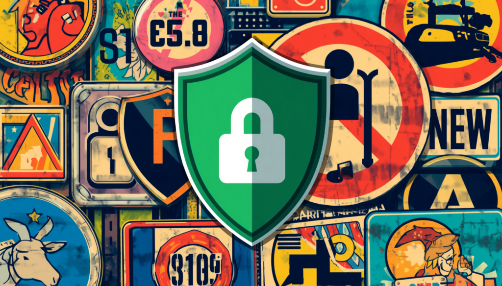 AdGuard VPN security shield with padlock collage, privacy protection and secure DNS server.