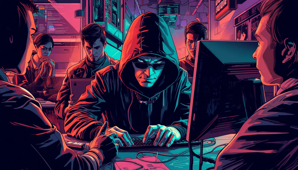 Cyberpunk hacker team using John the Ripper password cracking at a neon workstation.