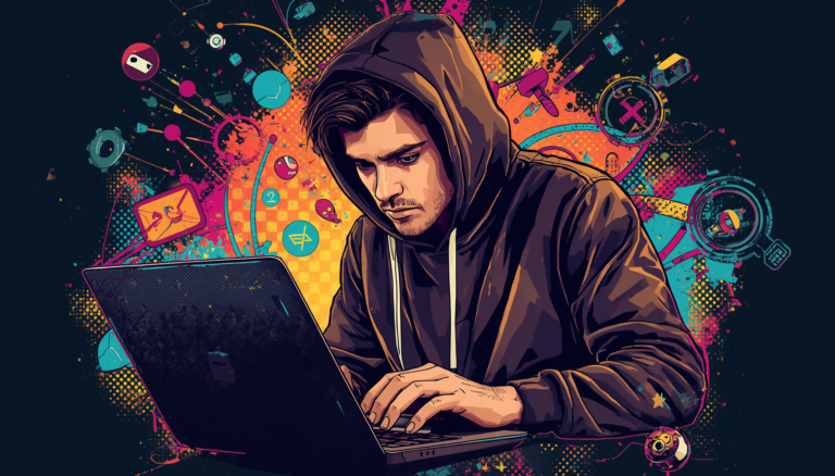 Hooded coder using a laptop for FFUF web fuzzing and subdomain enumeration tutorial.