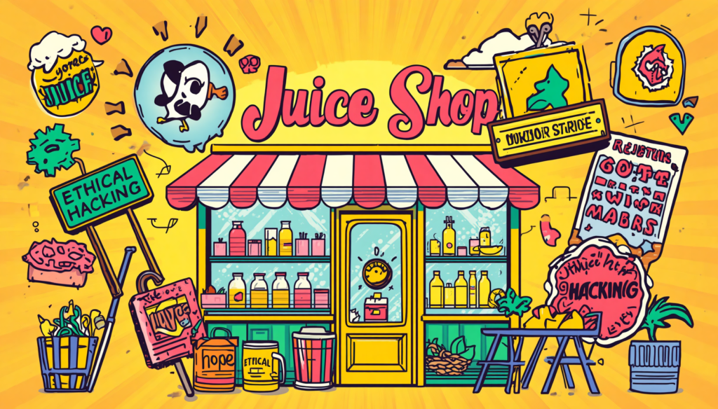 Build a Safe OWASP Juice Shop Lab in 7 Proven Steps 4 Colorful Juice Shop ethical hacking storefront illustration with fruit, bottles, and playful cyberpunk signs.