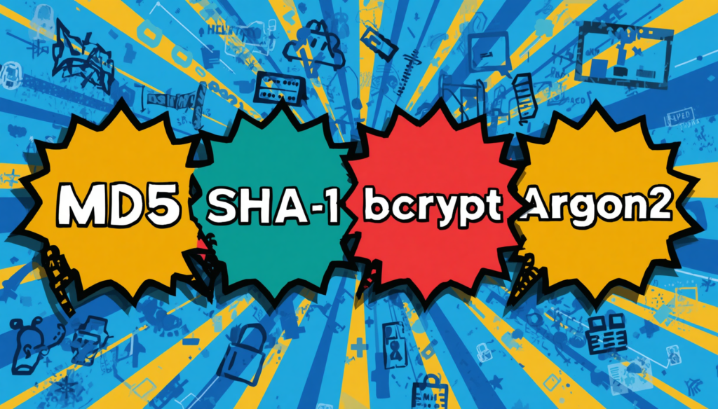 MD5, SHA-1, bcrypt, and Argon2 password hashing comparison in a cybersecurity comic graphic.