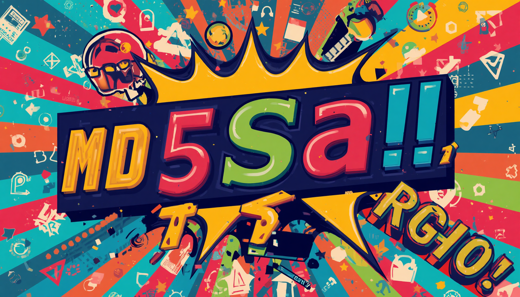 Comic pop art MD5 password hashing poster with colorful starburst and bold 3D lettering.