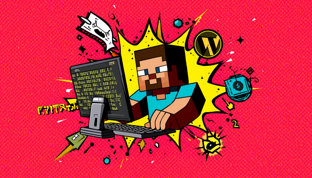 Minecraft account hacked recovery: Steve coding at computer with crypto icons.