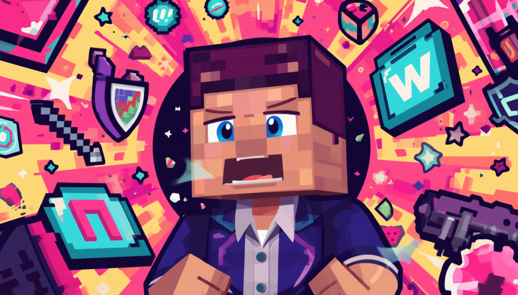 Minecraft account recovery character with hacked account icons and action burst.