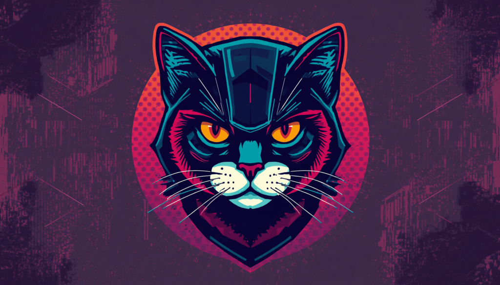 Neon cyberpunk cat face illustration for Hashcat cheat sheet and attack modes.