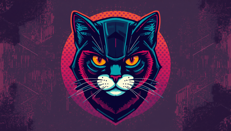 Neon cyberpunk cat face illustration for Hashcat cheat sheet and attack modes.