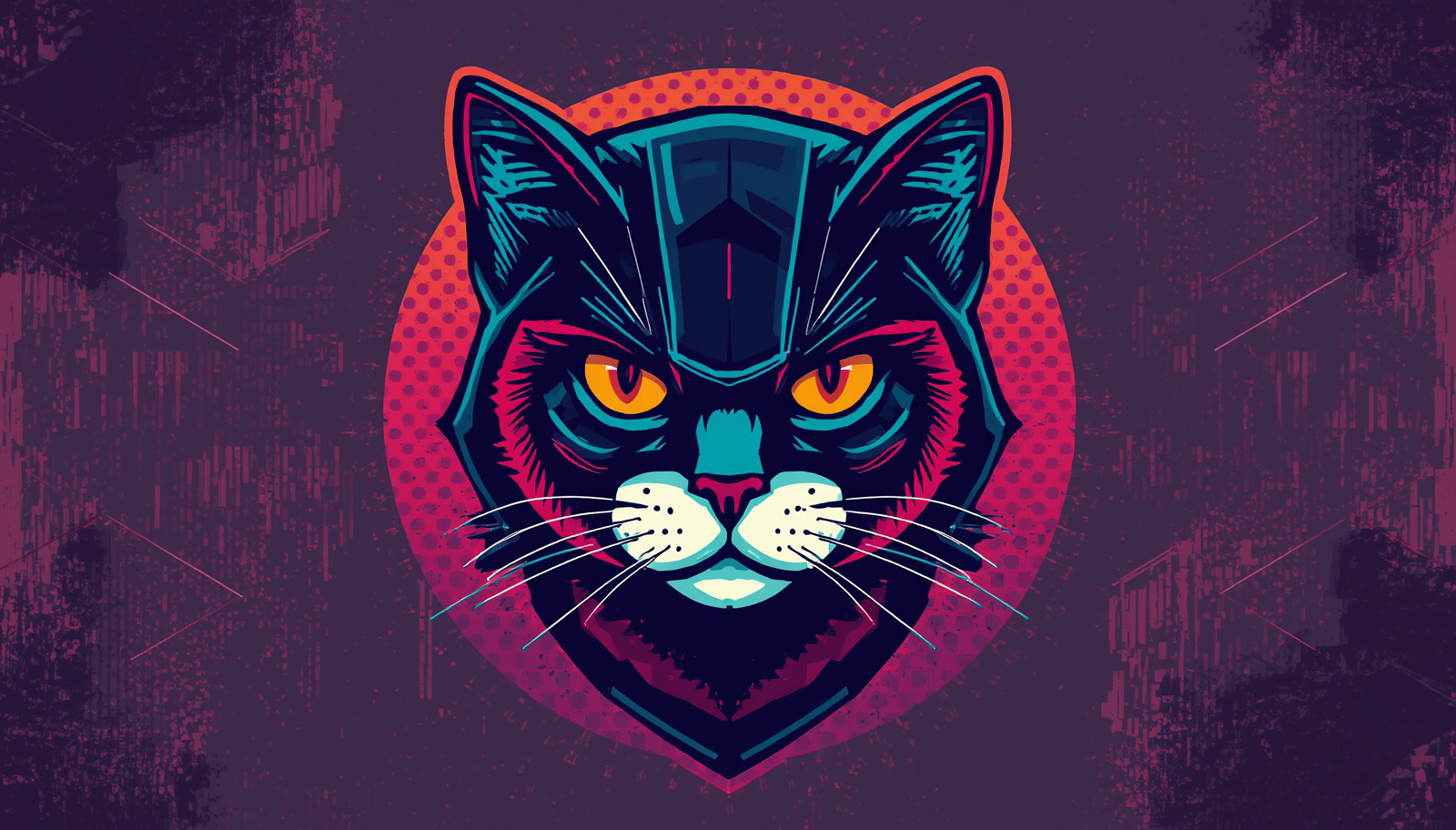 How to Use Hashcat: 7 Powerful Password Audit Steps 1 Neon cyberpunk cat face illustration for Hashcat cheat sheet and attack modes.
