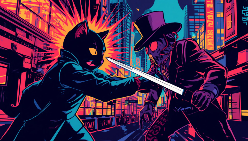 Dictionary Attack vs Brute Force: 7 Passwords Tested 2 Cyberpunk cat battles shadow villain, dictionary attack vs brute force in neon city.